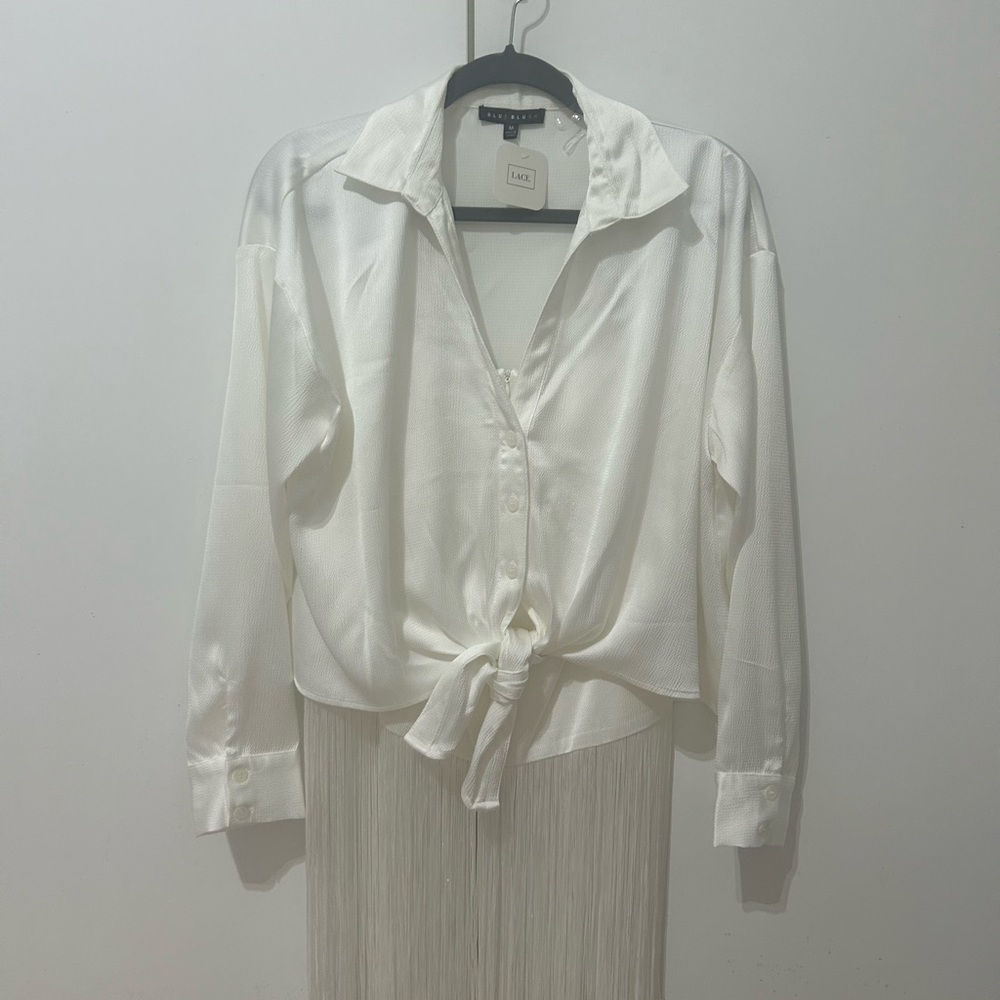 BlueBlush White Satin Fringe Tie-Front Blouse and Skirt